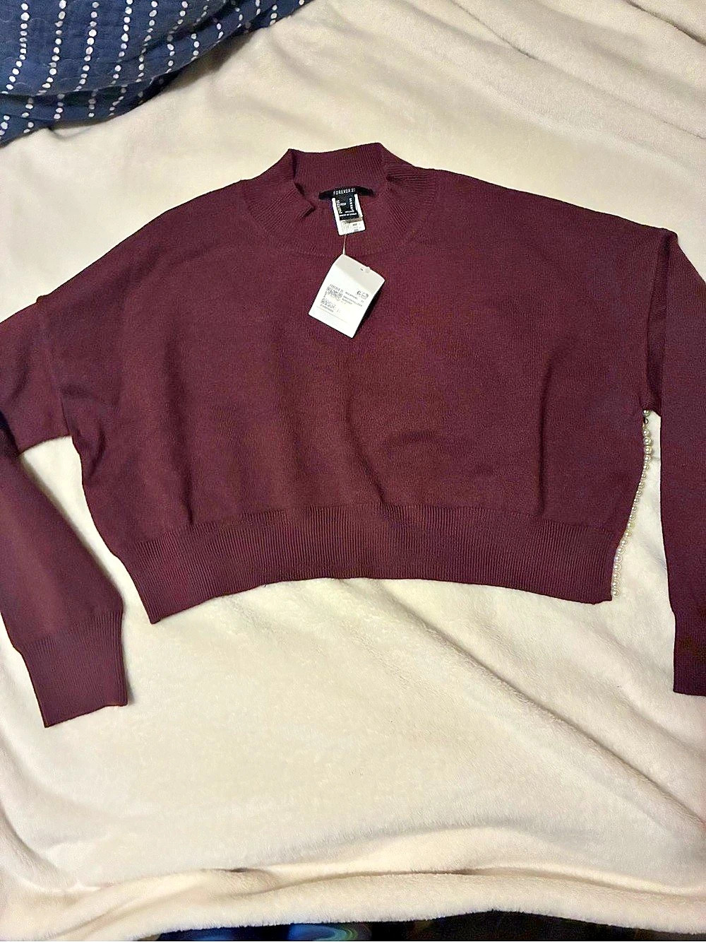 Forever 21 Faux Pearl-Trim Cropped Sweater burgundy Medium